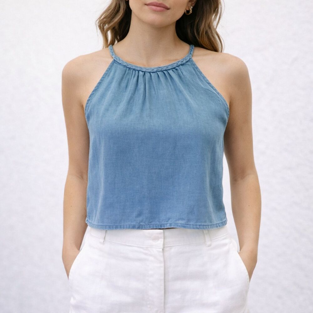 NWT Joie Chambray Blue Tencel Cropped Braided Cord Summer Halter Top Size XS NEW